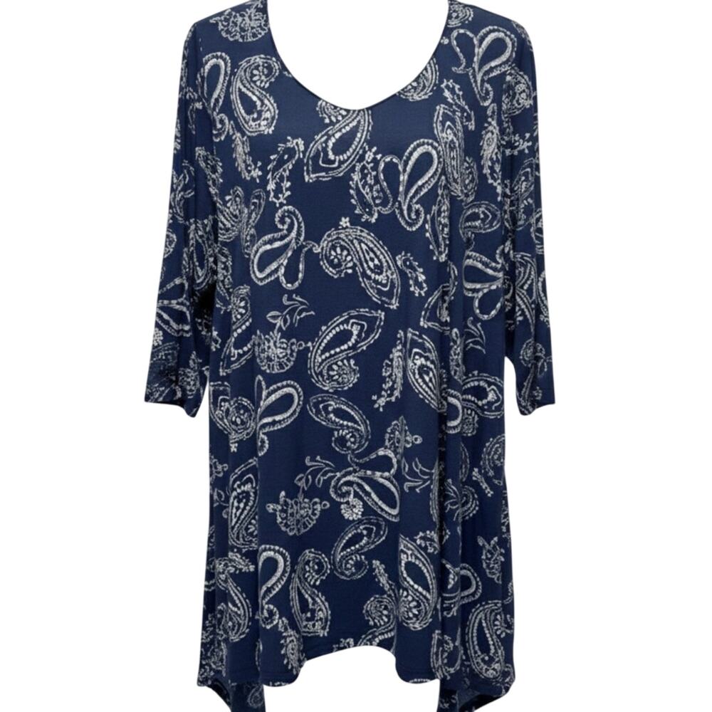 Woman Within Tunic Top 1X 22/24 Navy Blue Paisley Swing Sharkbite Hem 3/4 Sleeve